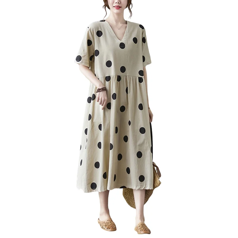 Loose-paneled Cotton and Linen V-neck Short-sleeved Dress