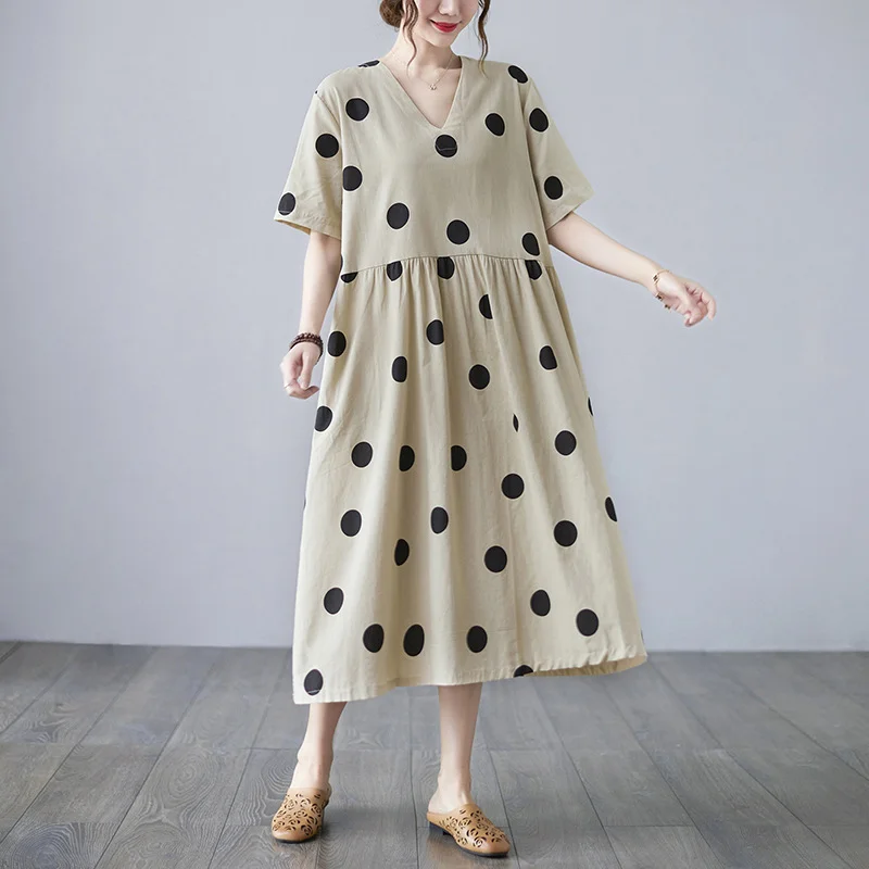 Loose-paneled Cotton and Linen V-neck Short-sleeved Dress