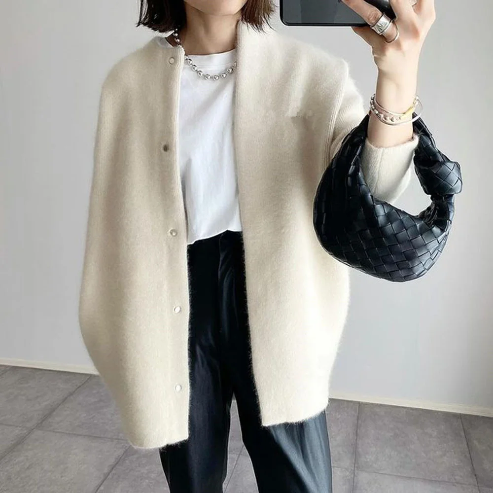 Loose Round Neck Single Breasted Cardigan Fashion Solid Color Coat Jacket Autumn and Winter Women's Clothing