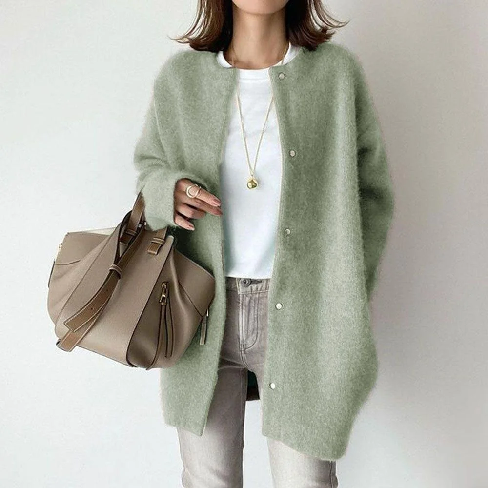Loose Round Neck Single Breasted Cardigan Fashion Solid Color Coat Jacket Autumn and Winter Women's Clothing