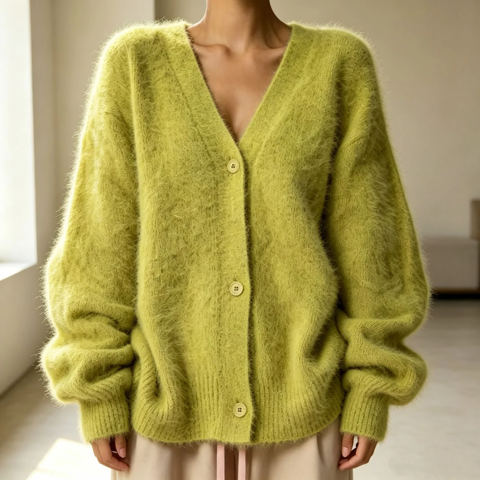 Loose V-neck Button Cardigan Fall Winter Fashion Single Breasted Knitted Sweater Top Women's Clothing