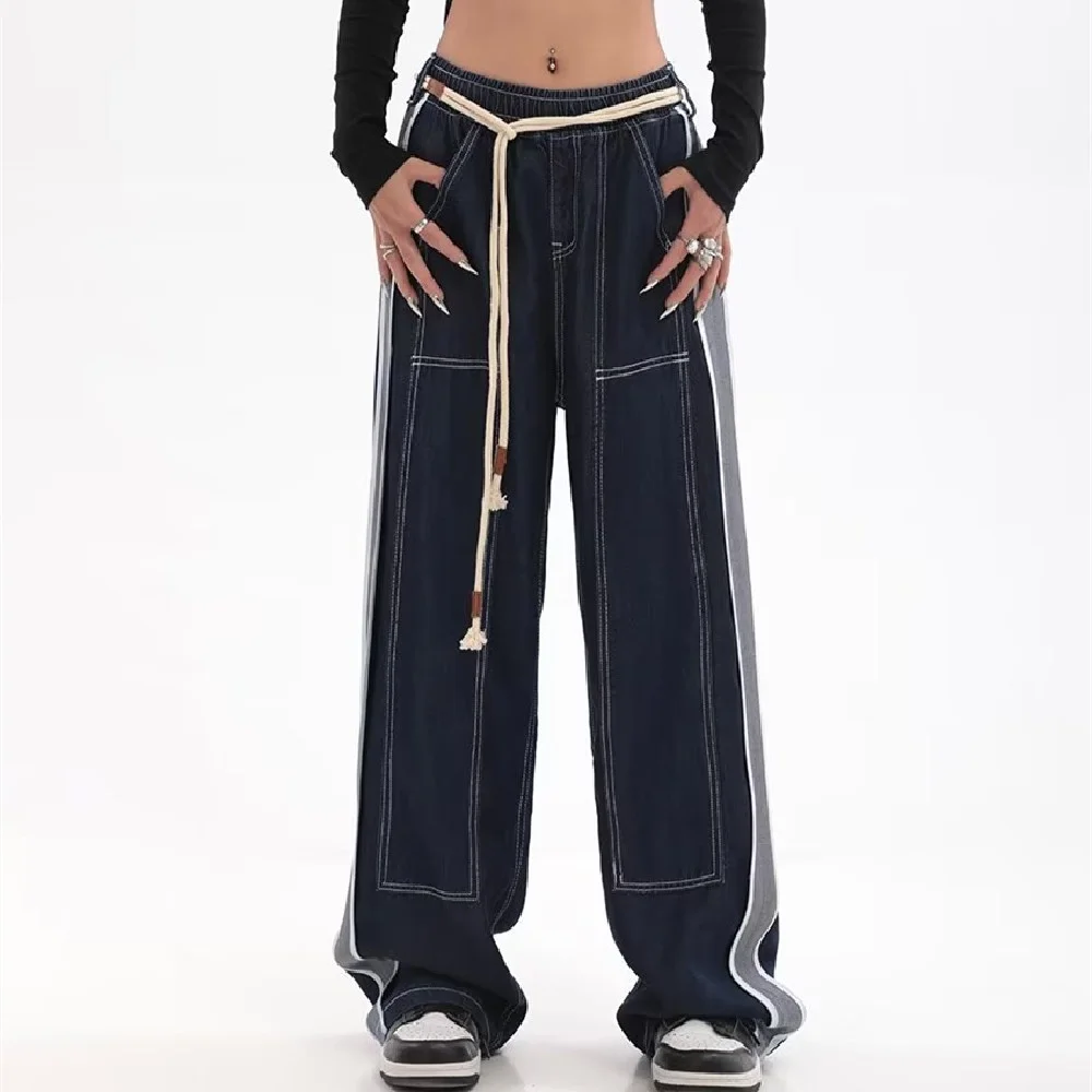 Loose wide‑leg straight trousers in blue cotton with slight stretch, casual middle‑waist pants