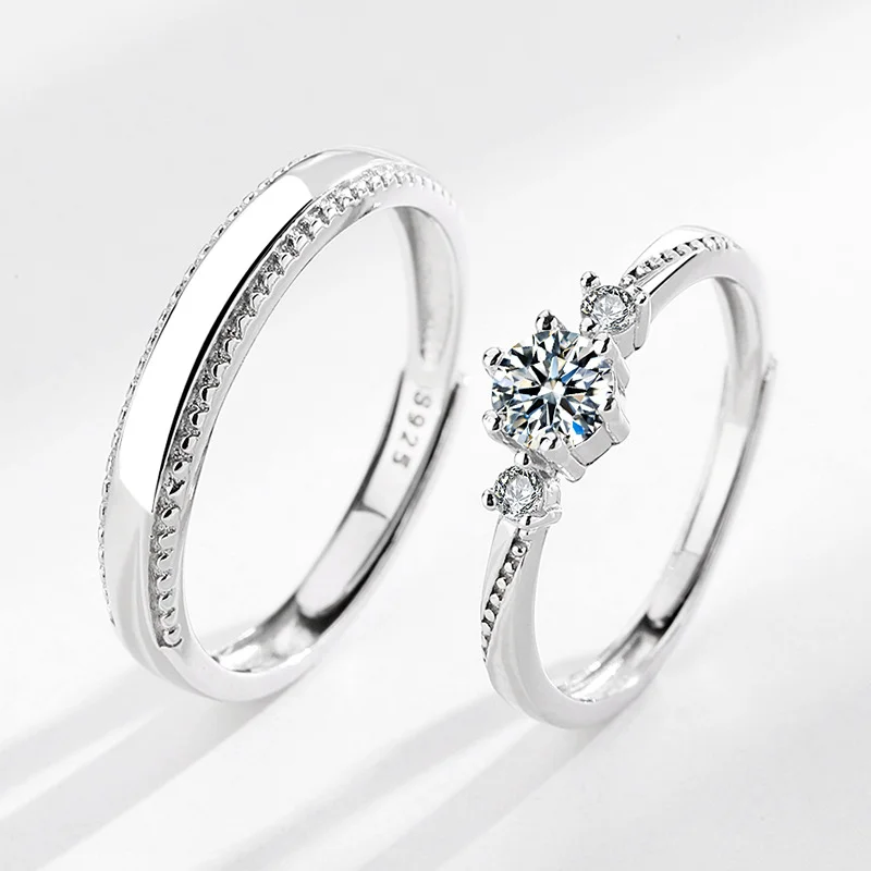 Silver Diamond Couple Rings Set with Geometry Design and Gift Box