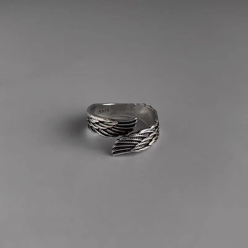 Plain Silver Angel Wings Ring with Matching Vintage Silver Bracelet Set