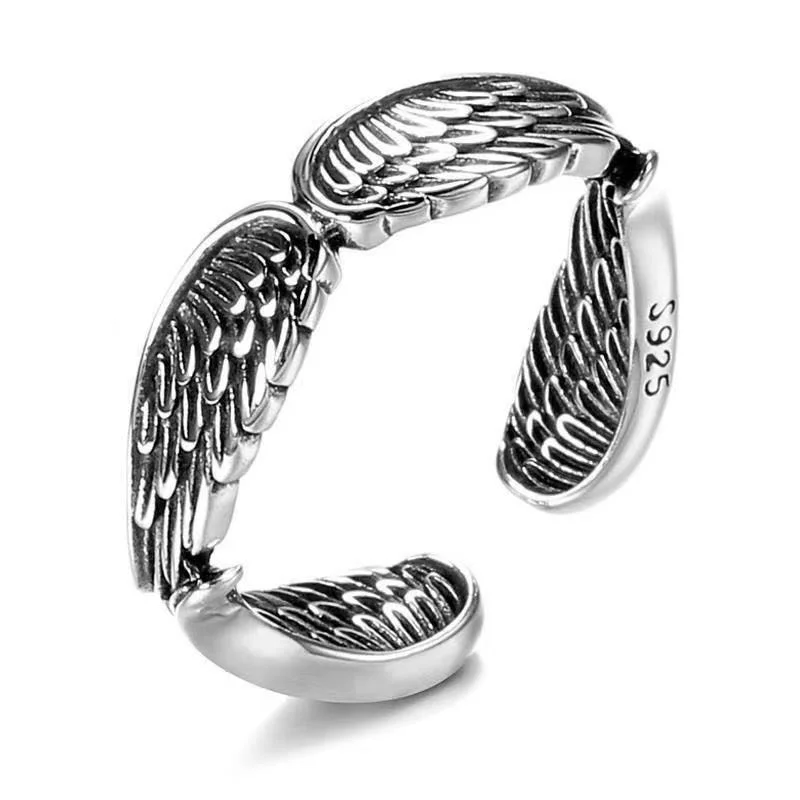 Plain Silver Angel Wings Ring with Matching Vintage Silver Bracelet Set
