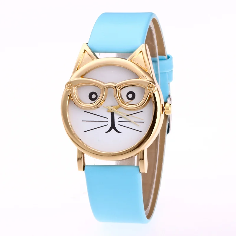 Cat face cartoon watch for kids – quartz, gold‑glasses, rectangular dial