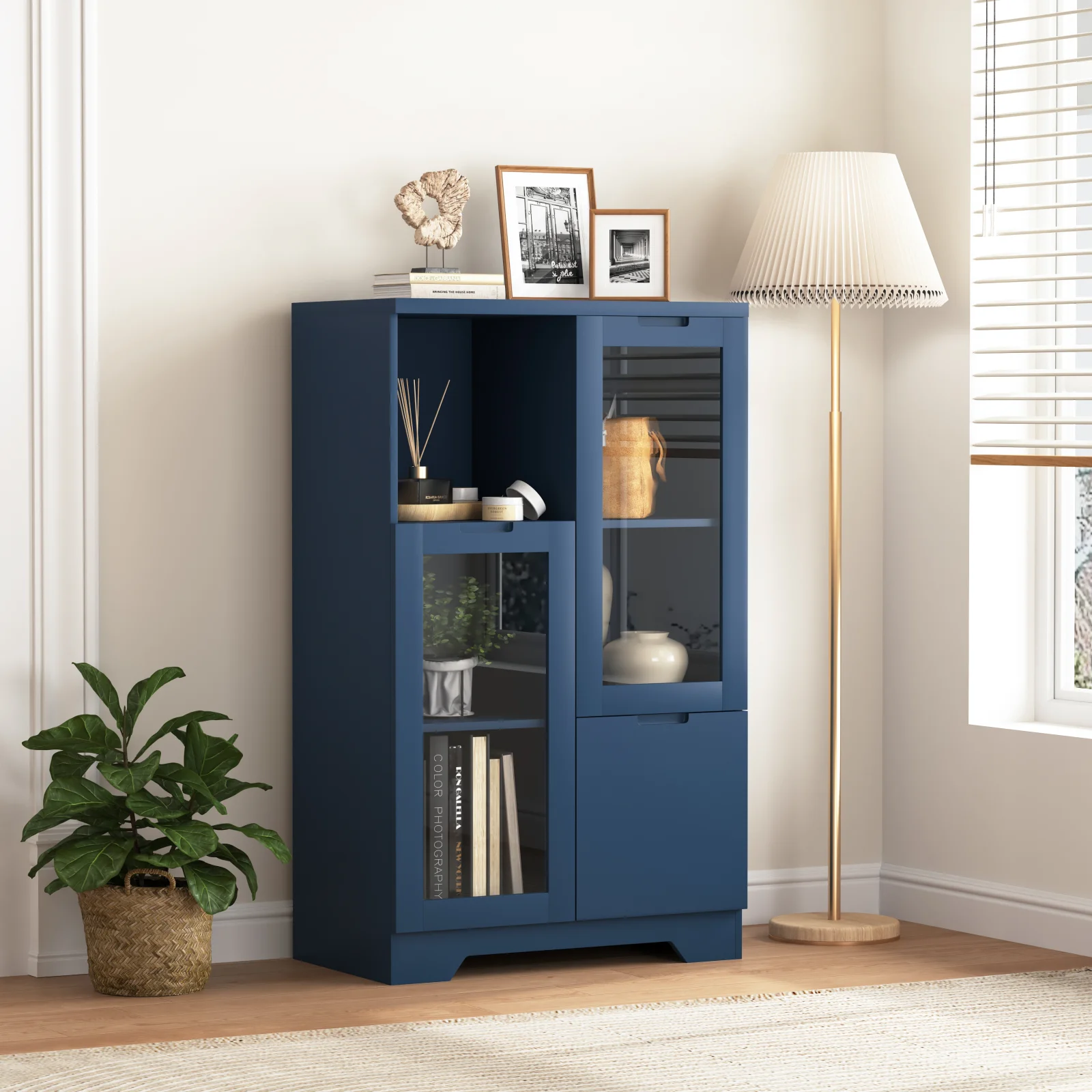 Mdf Painted Cabinet with Glass Doors and Drawer, Open Storage Space, Navy Blue ,bedroom, Living Room