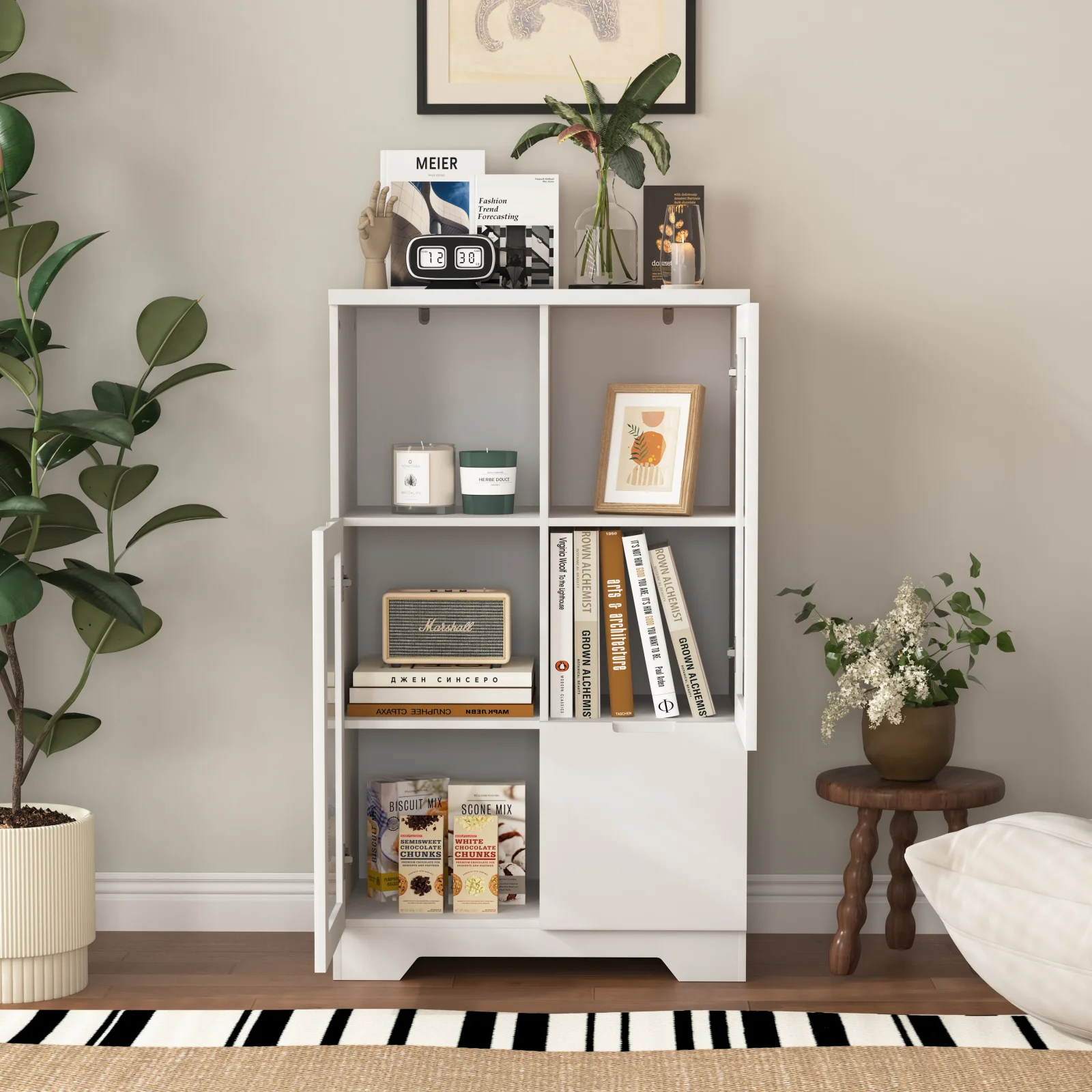 Mdf Painted Cabinet with Glass Doors and Drawer, Open Storage Space, White ,bedroom, Living Room