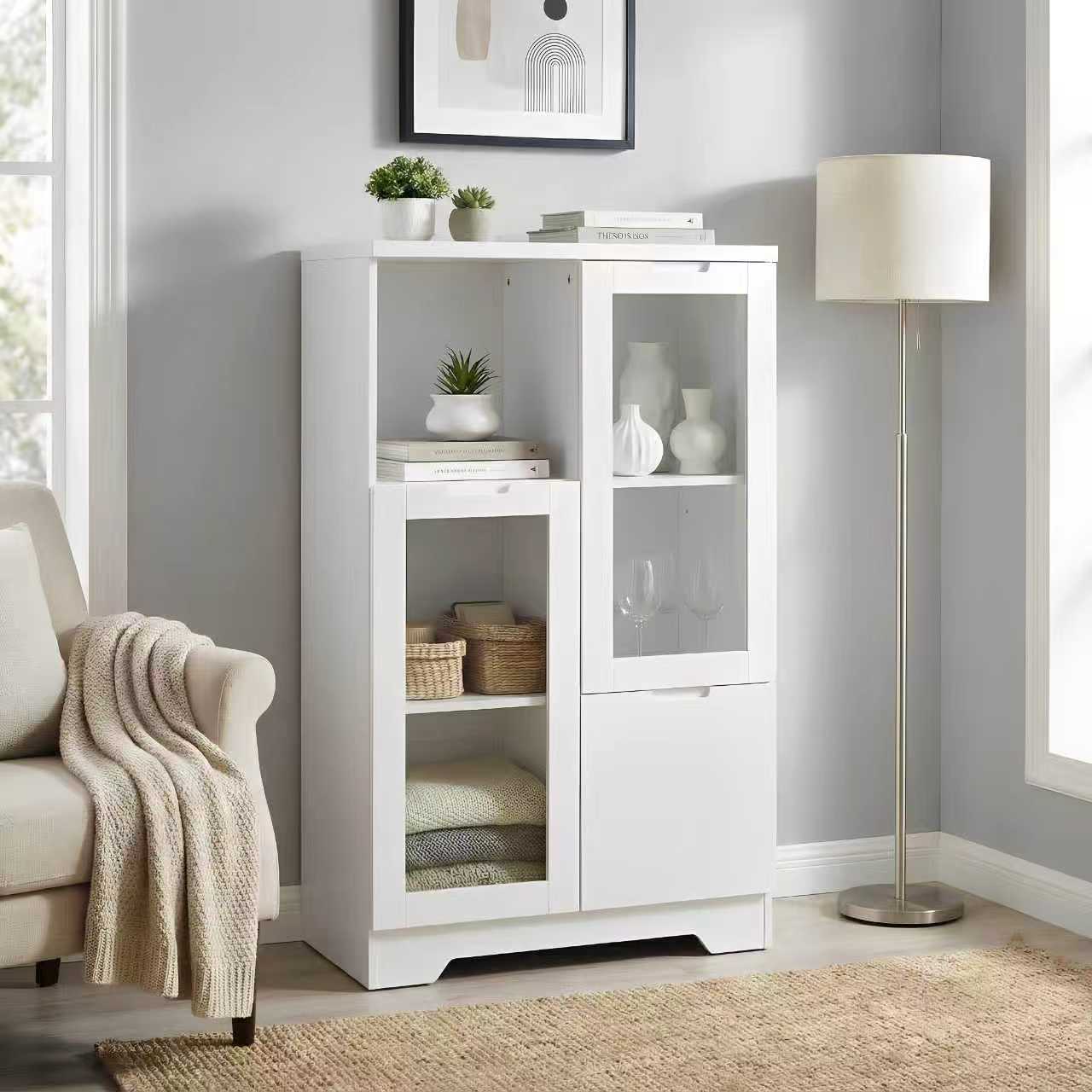 Mdf Painted Cabinet with Glass Doors and Drawer, Open Storage Space, White ,bedroom, Living Room