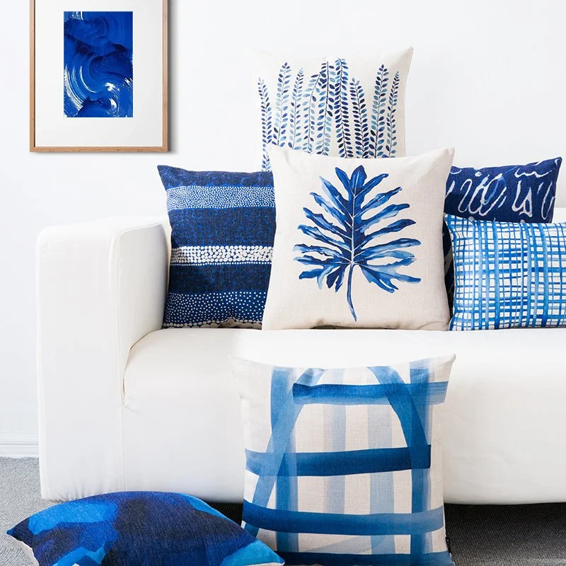 Mediterranean Blue Simple Cotton and Linen Pillow