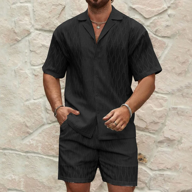 Men's Milky White Cotton Blend Tracksuit Set with Lapel Shirt and Shorts