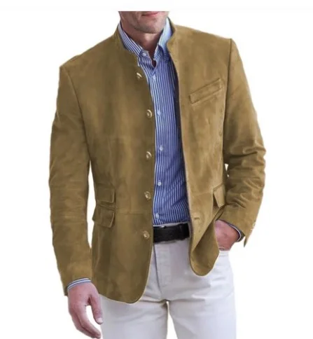 Men's business casual blazer in brown woven polyester, stand collar, versatile jacket