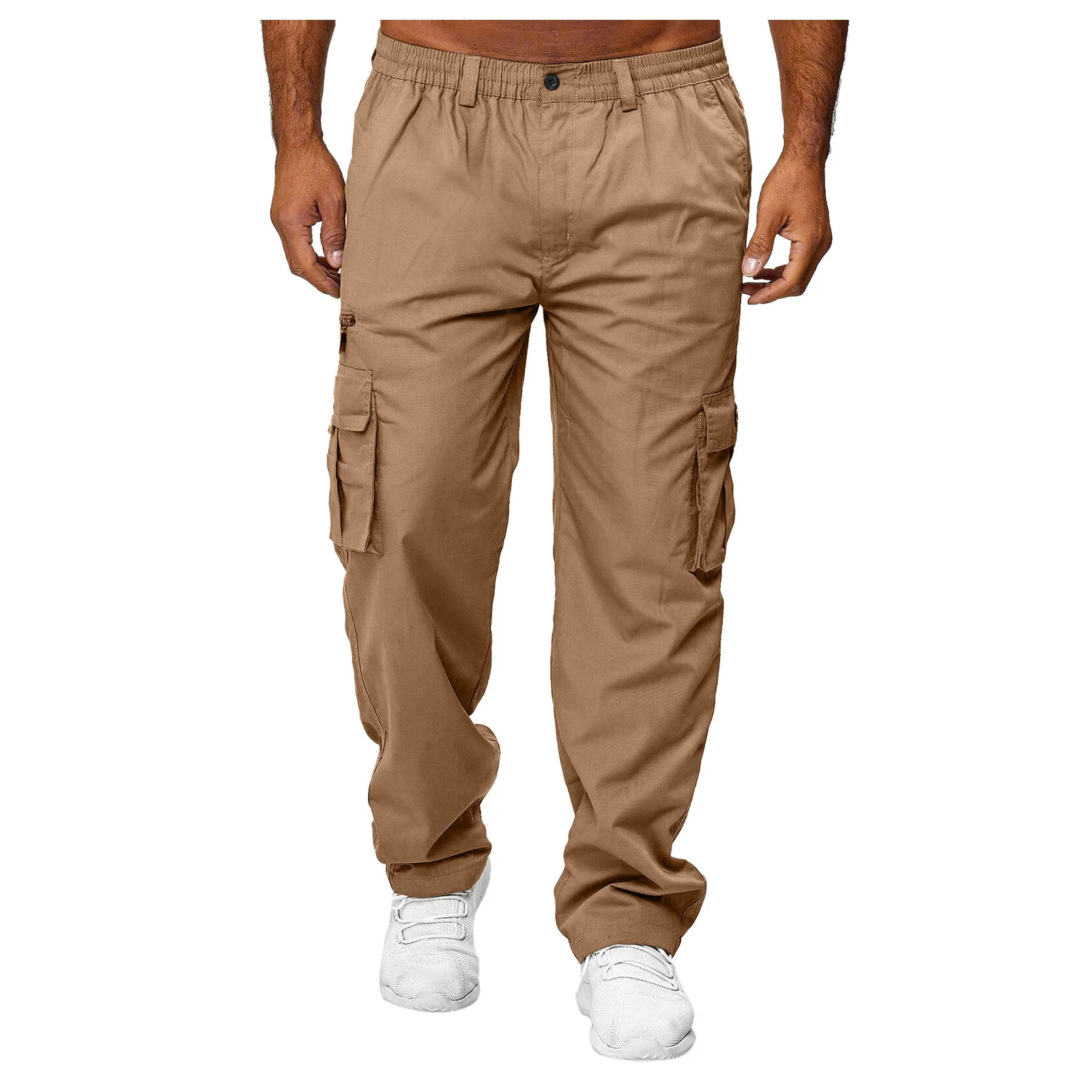 Men's casual loose-fit multi-pocket cargo pants with mid waist and belt loop, khaki black navy green