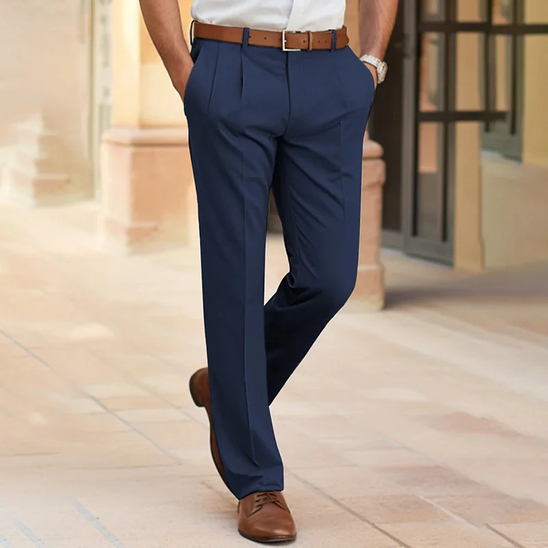 Men's Straight-Cut Casual Suit Pants – Navy, Black, Gray, Khaki – Polyester, Mid-Waist, Long
