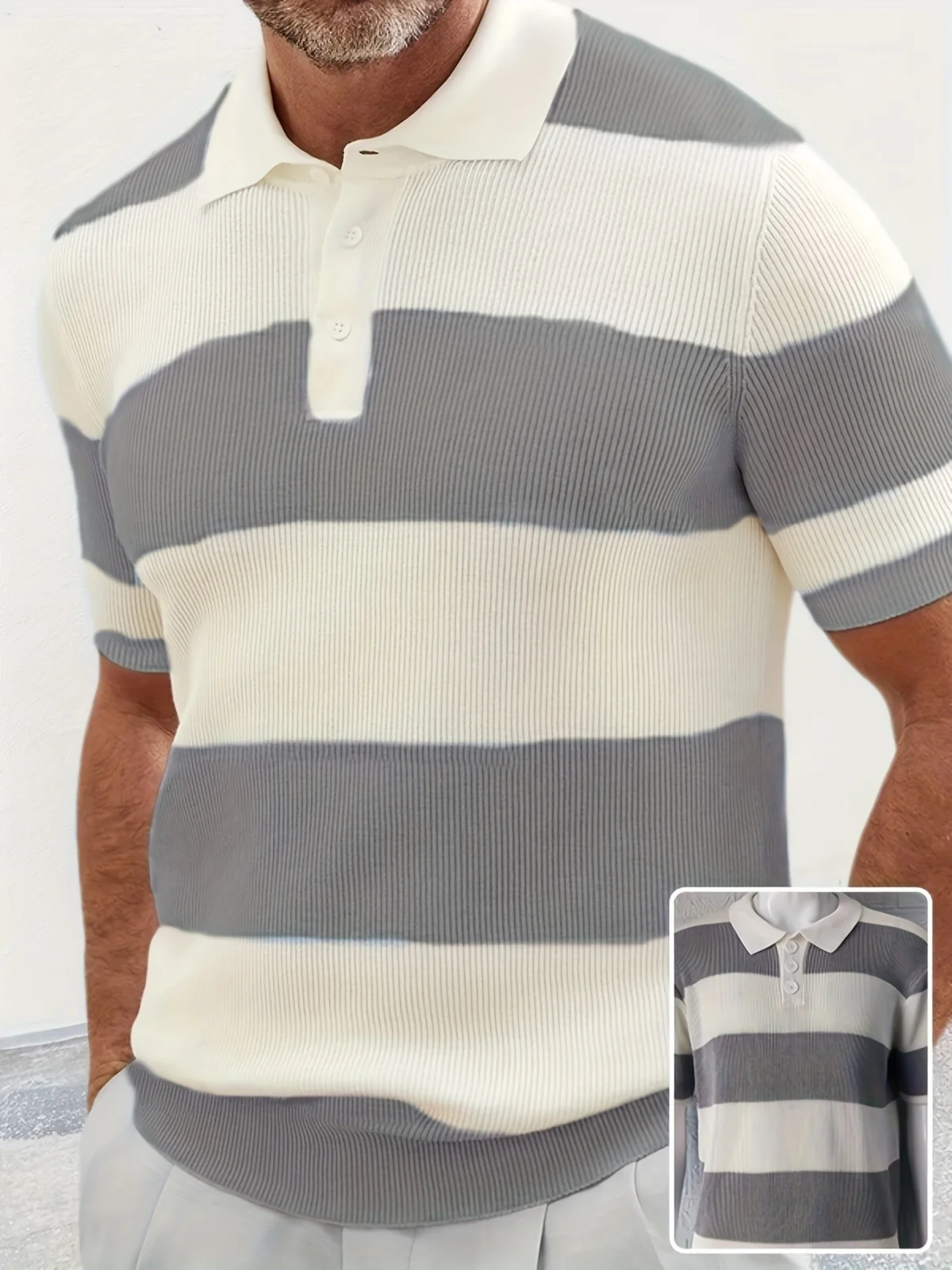 Striped short sleeve lapel sweater for men – gray, blue, beige, coffee