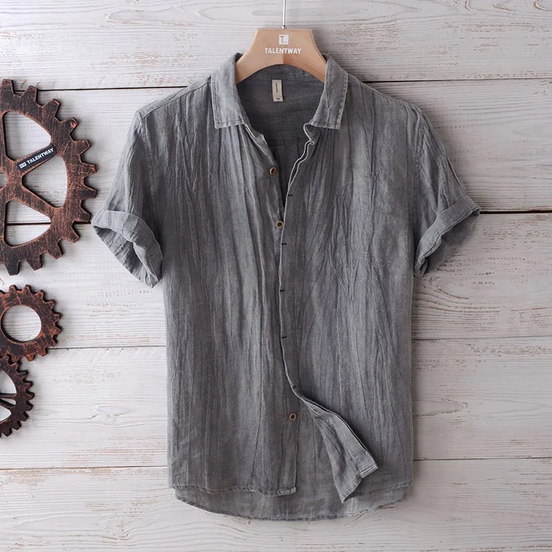 Men's solid-color retro distressed linen shirt – white, blue or gray, summer casual