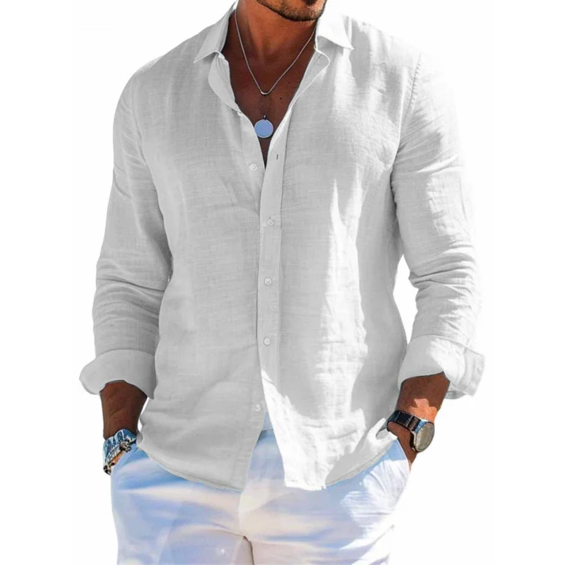 Men's Loose Lapel Long Sleeve Shirt Solid Color Plus Size Polyester