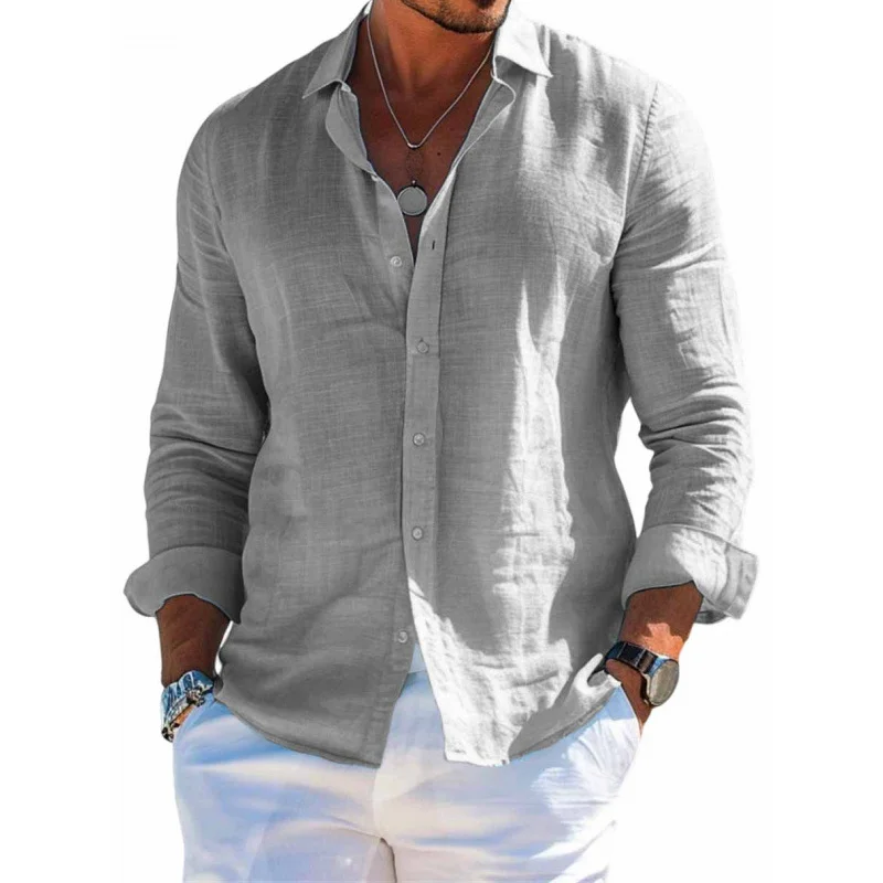 Men's Loose Lapel Long Sleeve Shirt Solid Color Plus Size Polyester