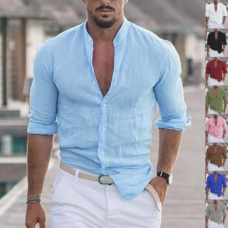 Men’s long‑sleeve cotton shirt with button closure, solid color, casual style