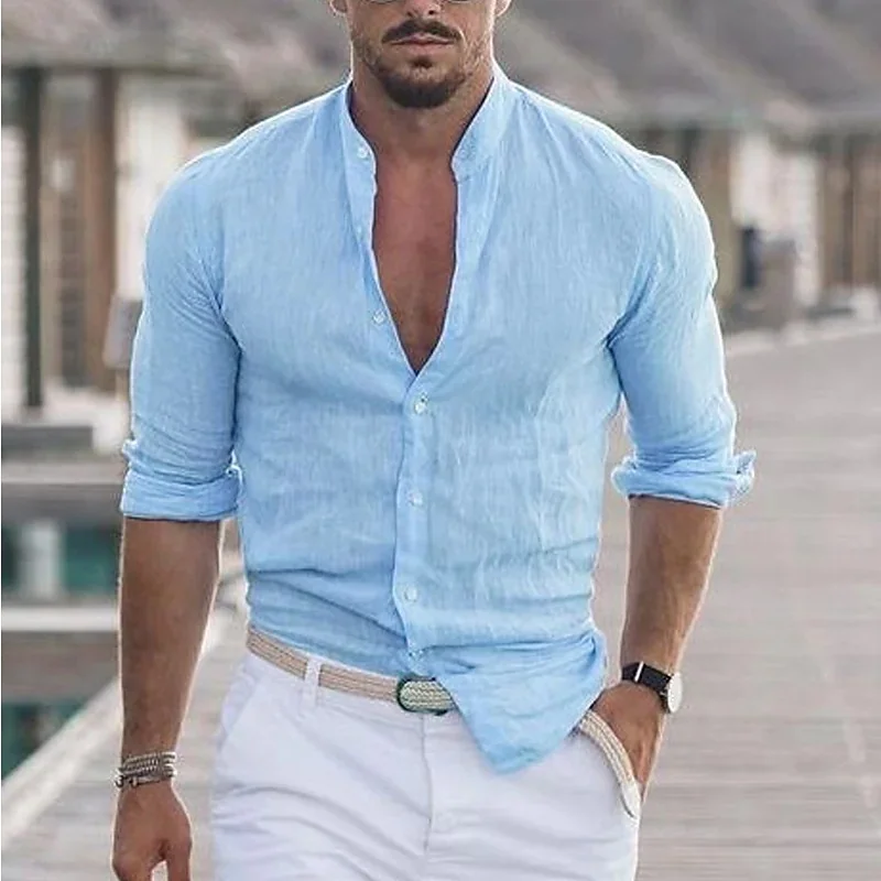 Men’s long‑sleeve cotton shirt with button closure, solid color, casual style