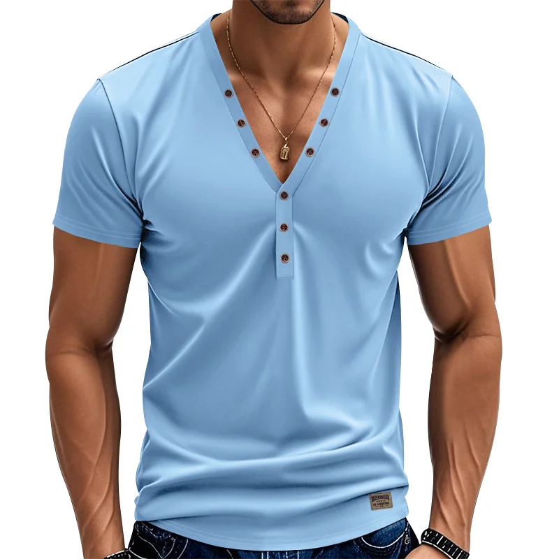 Men's Loose Thin V‑Neck Button‑Detail Pullover – Solid White, Black, Brown, Light Blue or Iron Gray