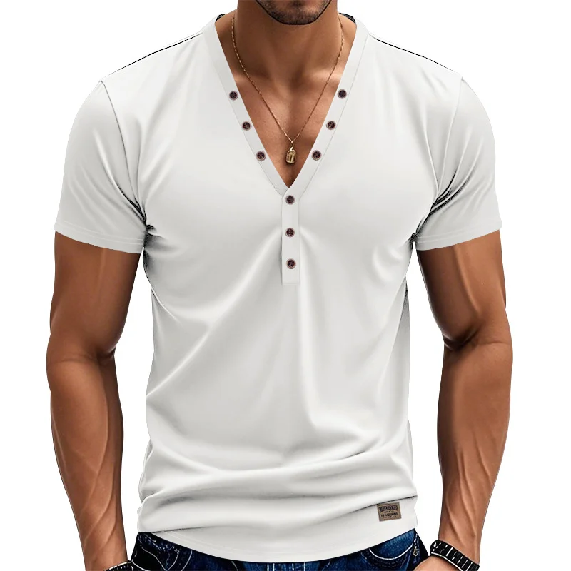Men's Loose Thin V‑Neck Button‑Detail Pullover – Solid White, Black, Brown, Light Blue or Iron Gray