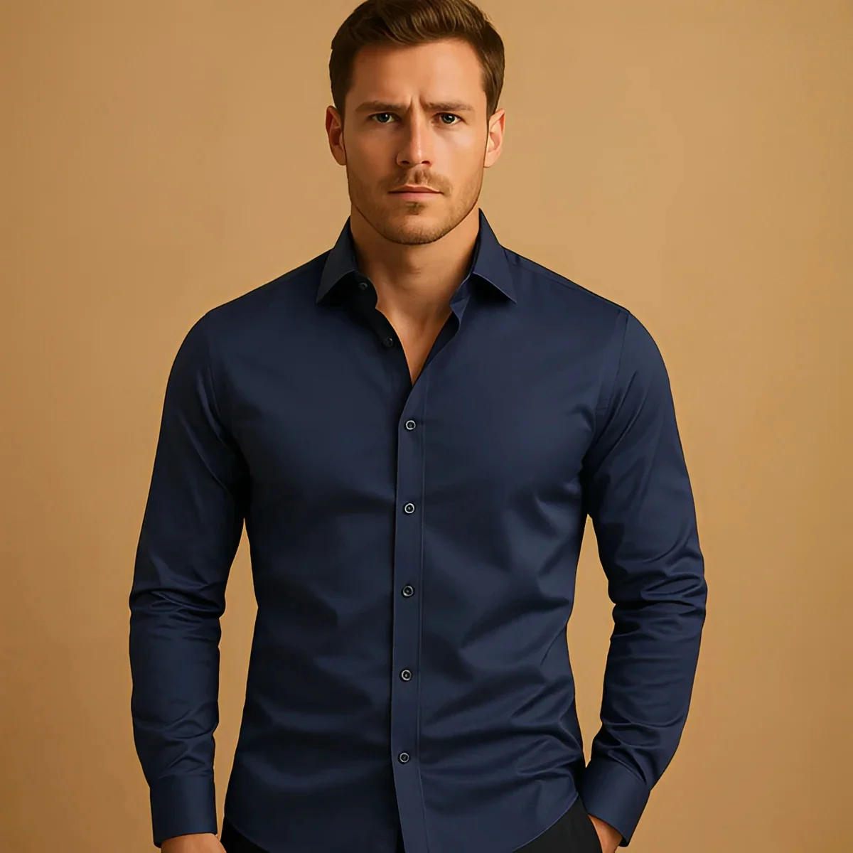 Men's long-sleeve button-down shirt, solid color velvet polyester, casual business style