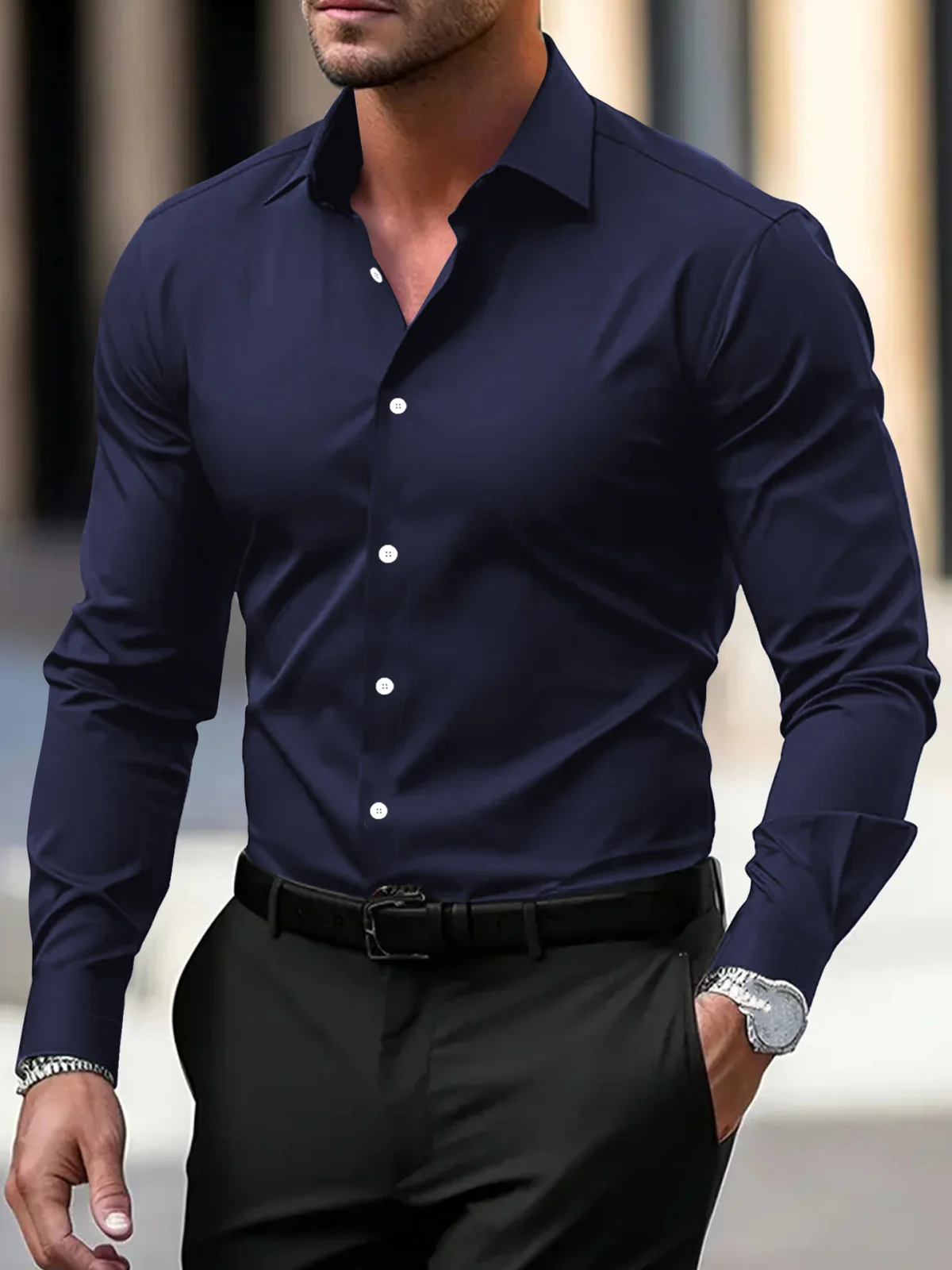 Men's long-sleeve button-down shirt, solid color velvet polyester, casual business style