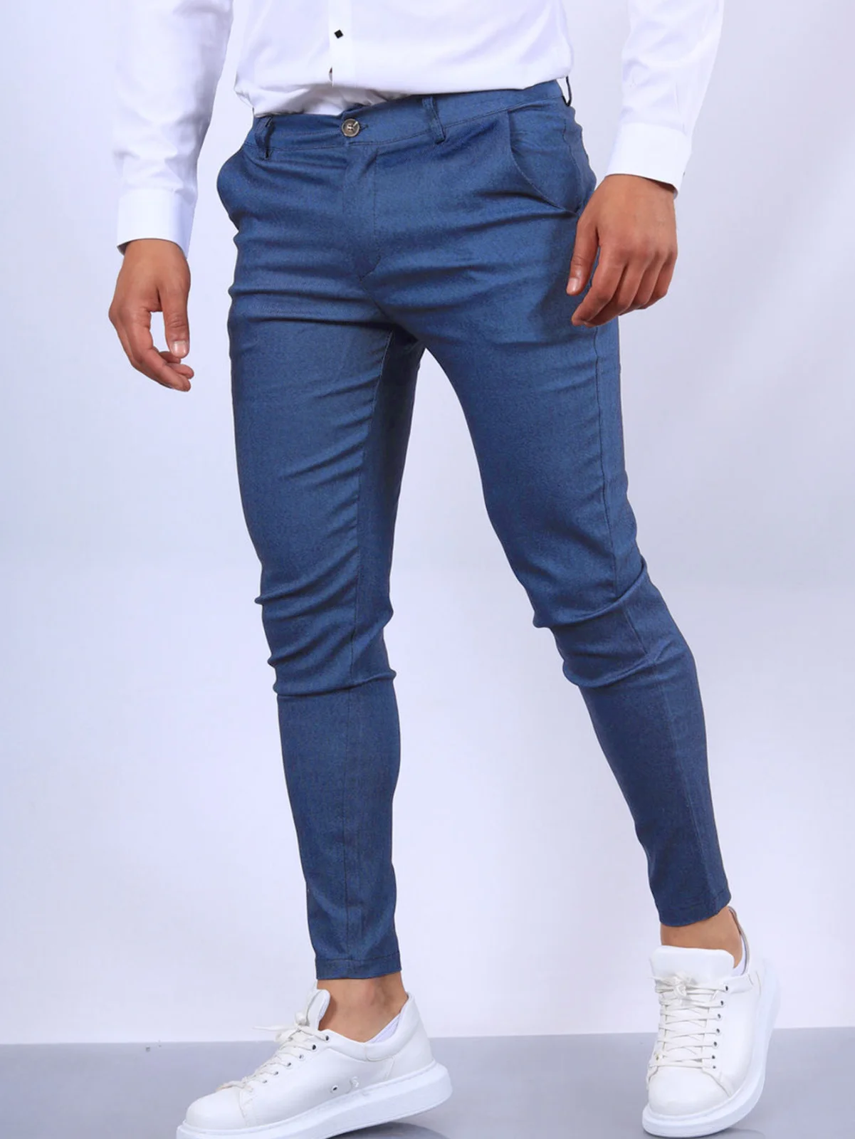 Men's Slim Fit Cotton Blend Trousers, Solid Color Office Pencil Pants