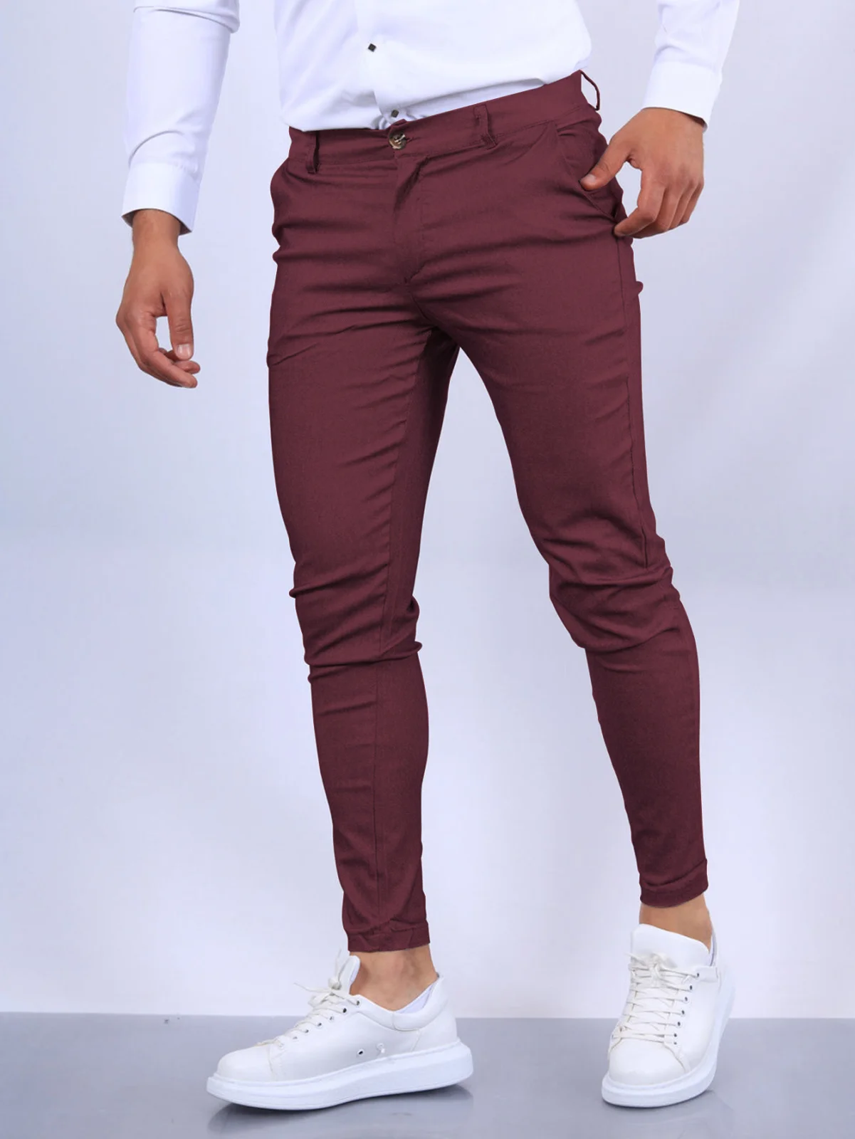 Men's Slim Fit Cotton Blend Trousers, Solid Color Office Pencil Pants