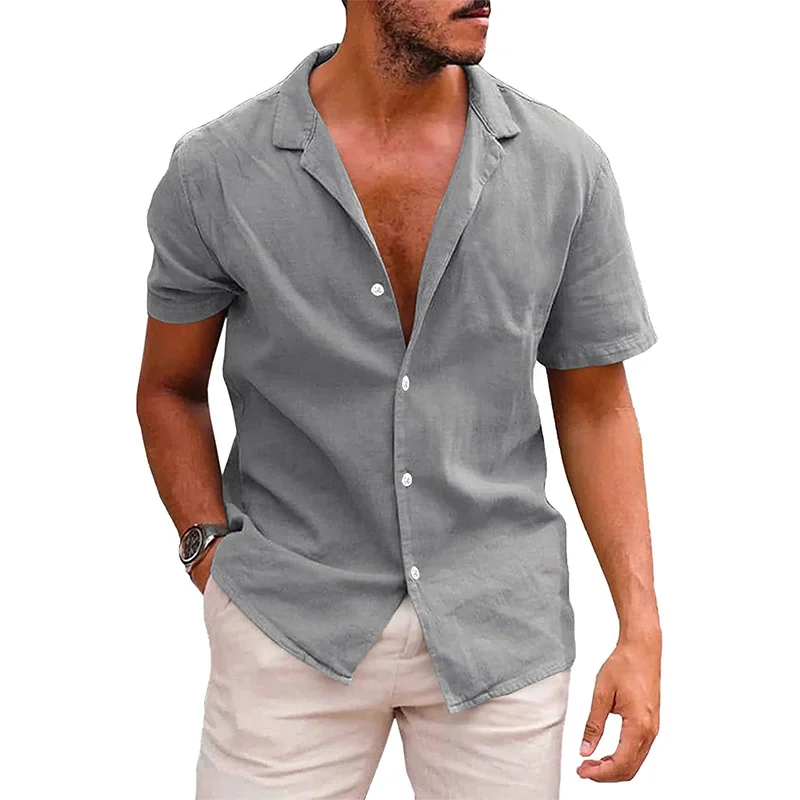 Men's Loose Fit Linen Cotton Short Sleeve Button Down Shirt in Solid Colors