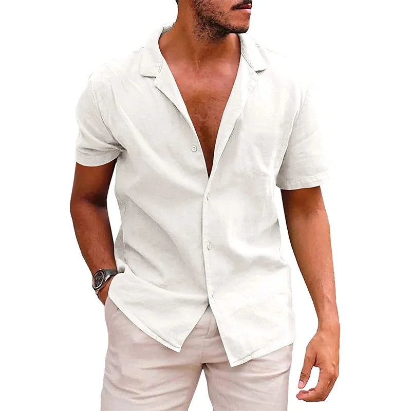 Men's Loose Fit Linen Cotton Short Sleeve Button Down Shirt in Solid Colors