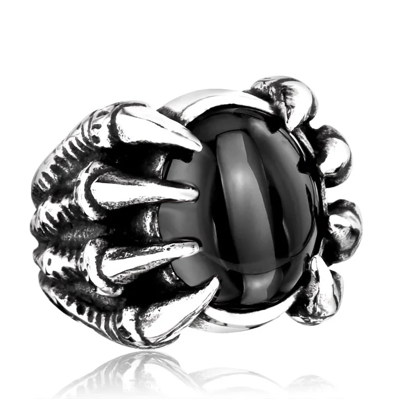 Vintage drop‑shape titanium steel ring with zircon inlay – ruby or black agate