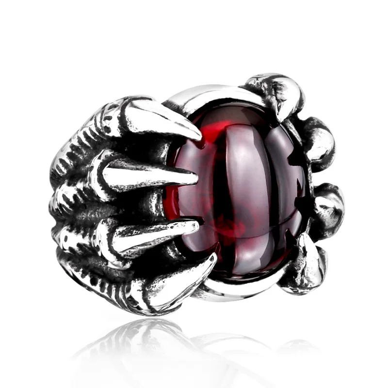 Vintage drop‑shape titanium steel ring with zircon inlay – ruby or black agate