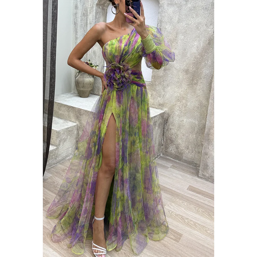 Mesh Tie-dye Printed Off-shoulder Slit Dress Summer Ins Fashion Long Dress Party Womens Clothing