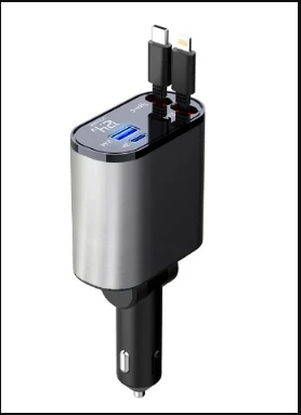 100W Metal Car Charger with USB & TYPE-C, Retractable, 300% Faster, Adjustable Head, 139x65x34mm, Portable Fast Charging for Smartphones