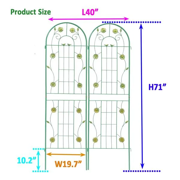 Green metal garden trellis with powder‑coated galvanized tubes, 19.7" wide x 71" high, easy‑assemble