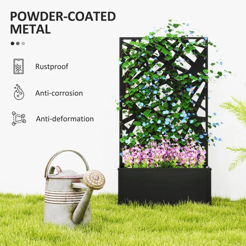 Black Metal Raised Garden Bed Planter Box With Decorative Privacy Screen For Patio