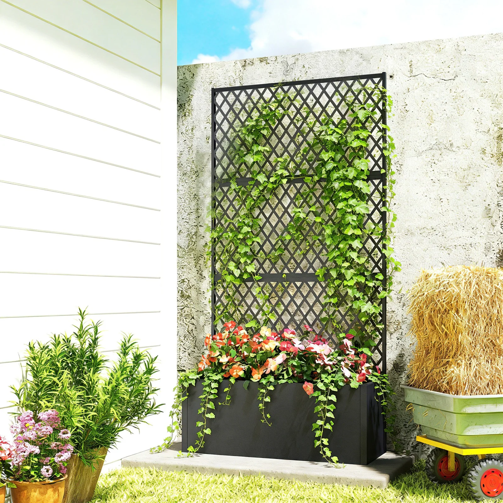 Metal Raised Garden Bed with Diamond Lattice Trellis for Climbing Plants