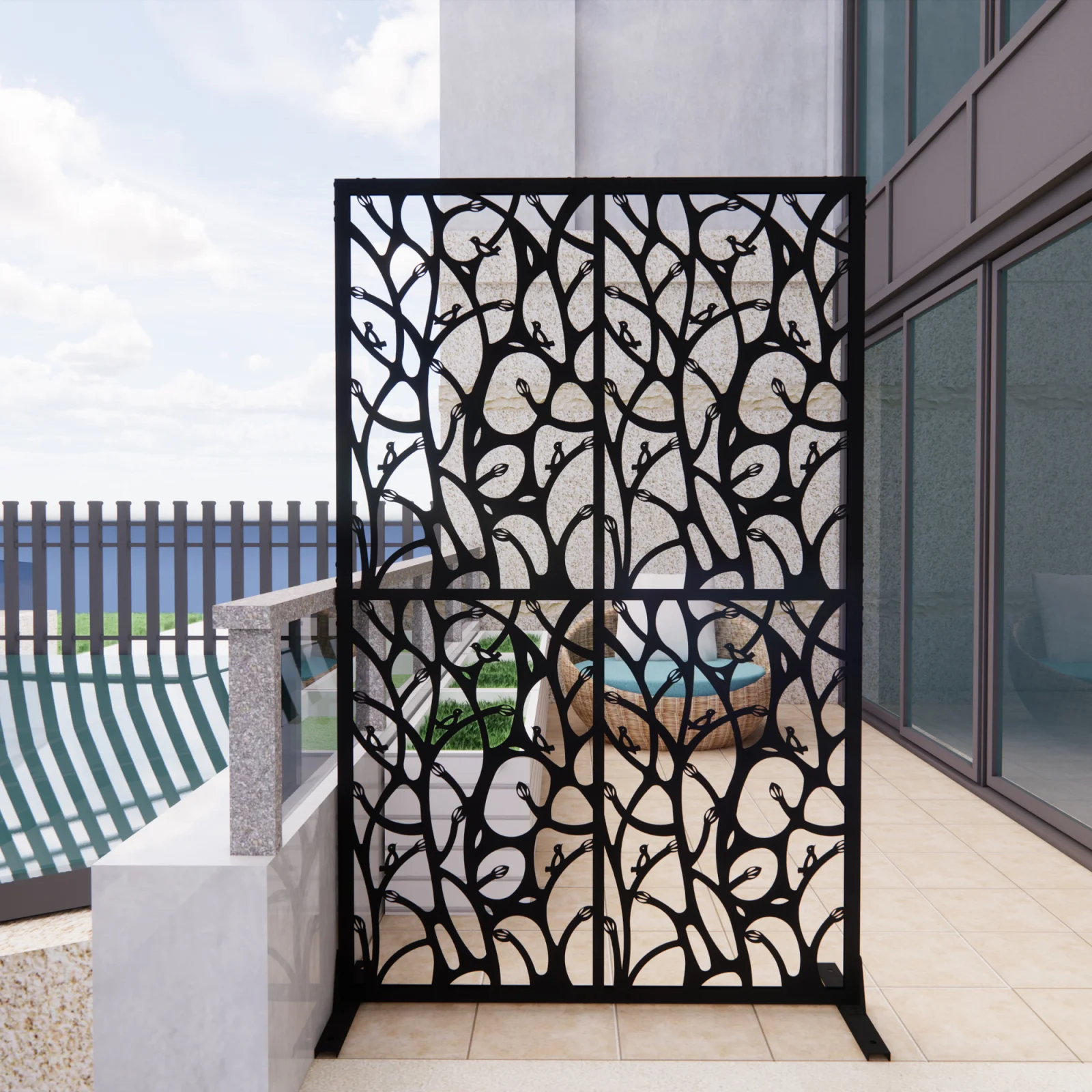 Metal Privacy Screens W3.8ft X H6ft Outdoor and Indoor Divider with Free Standing Decorative Privacy Screen for Balcony Patio Garden Room Divider, Black Bird Shape