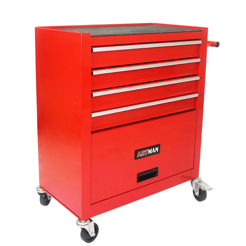 Red steel 4‑drawer tool cart with wheels – heavy‑duty storage trolley