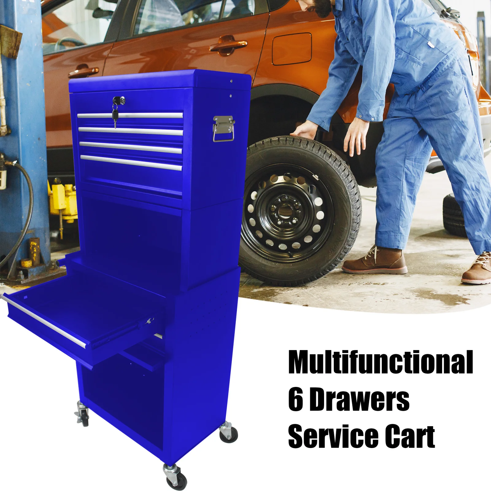 Blue steel 6‑drawer rolling tool cabinet with lock and wheels