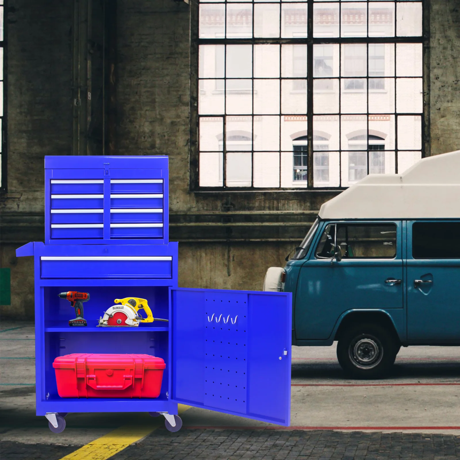 Blue 5 Drawer Metal Tool Cabinet with Bottom Storage and Adjustable Shelf
