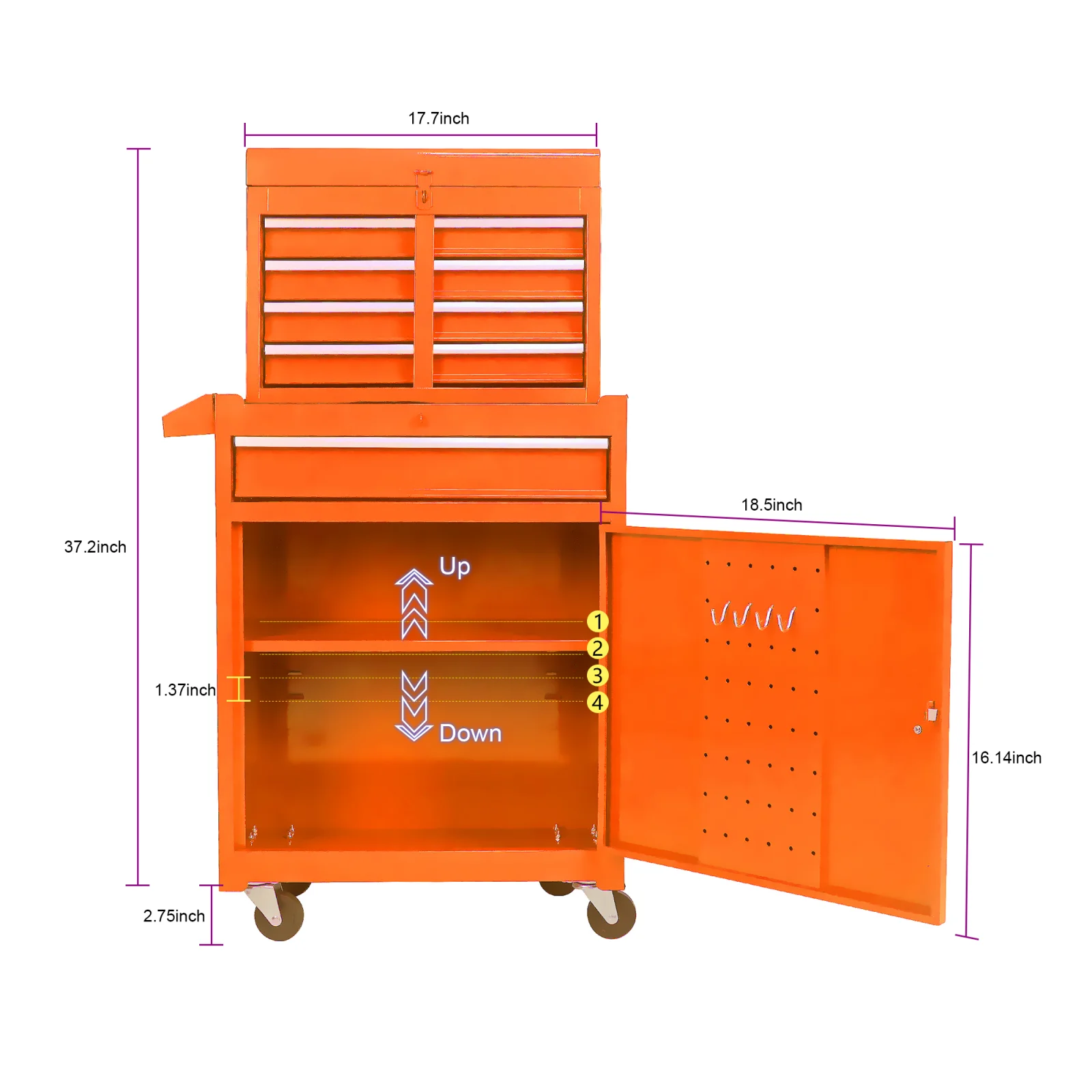 Orange Metal 5-Drawer Tool Cabinet with Wheels, Adjustable Shelf and Hook-Ready Door