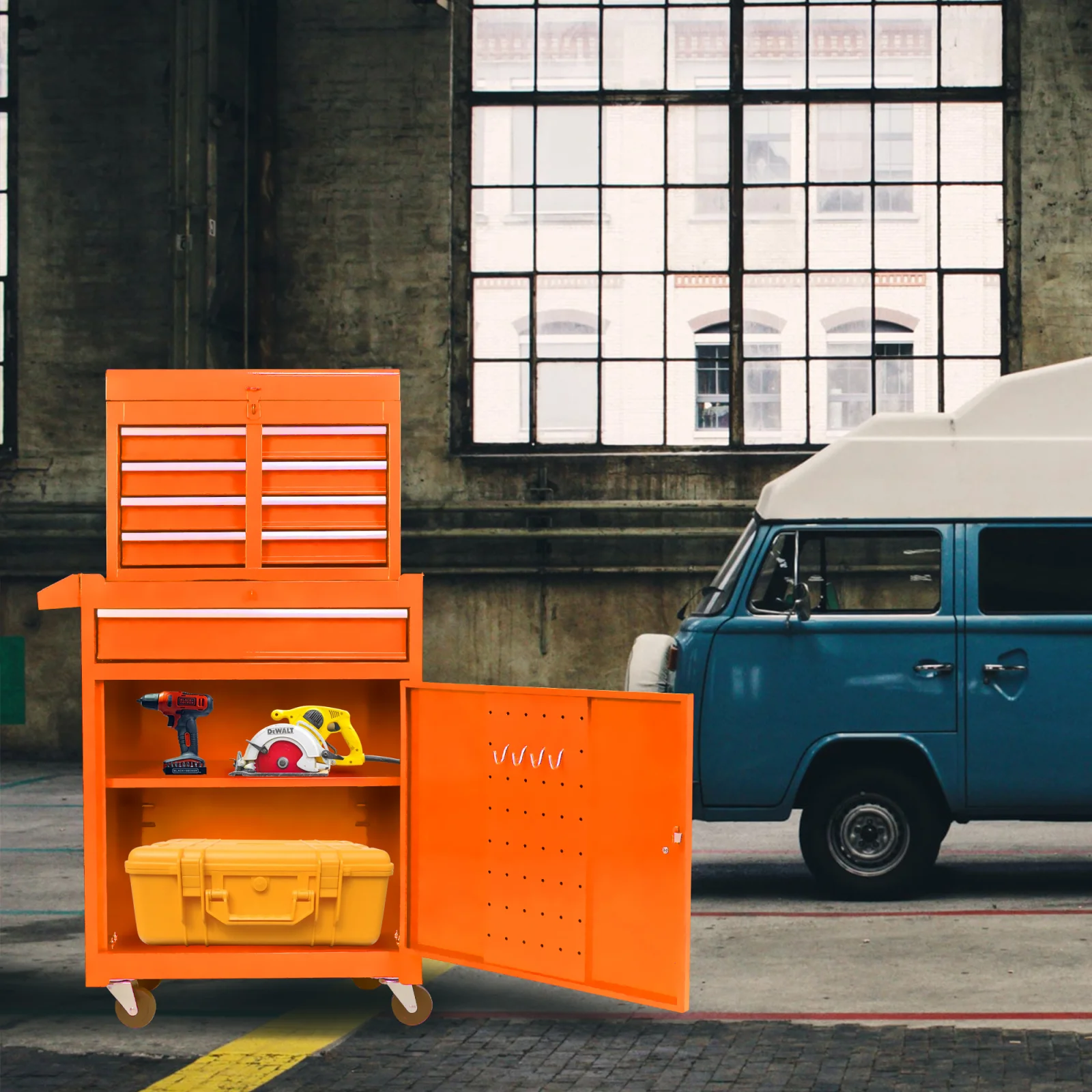 Orange Metal 5-Drawer Tool Cabinet with Wheels, Adjustable Shelf and Hook-Ready Door