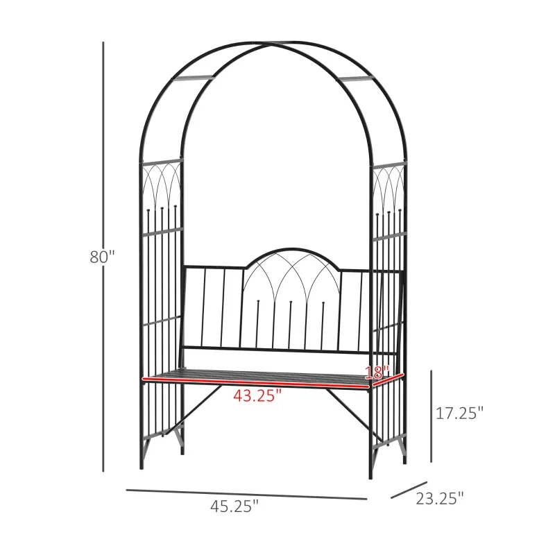 Black steel trellis arbor arch with garden bench for climbing plants, 2‑person outdoor seating