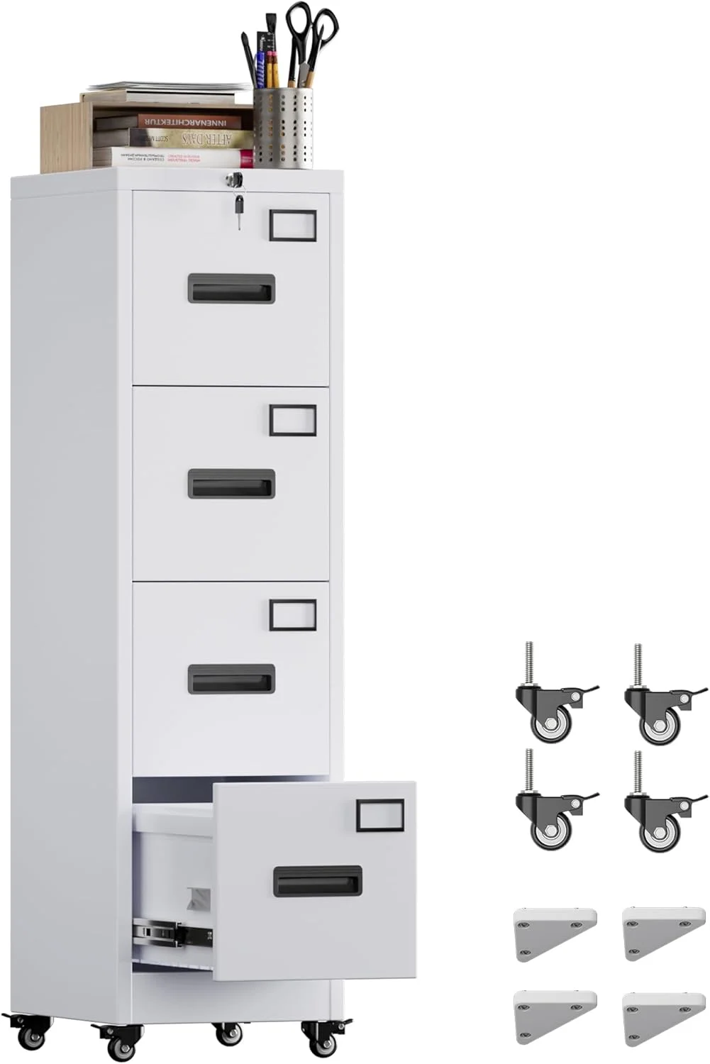 Metan 4 Drawer Vertical File Cabinet on Wheels, Lockable Office Files Storage Cabinet with Handle and Name Card,mobile Storage Cabinet for Office and Home,assembly Required,white