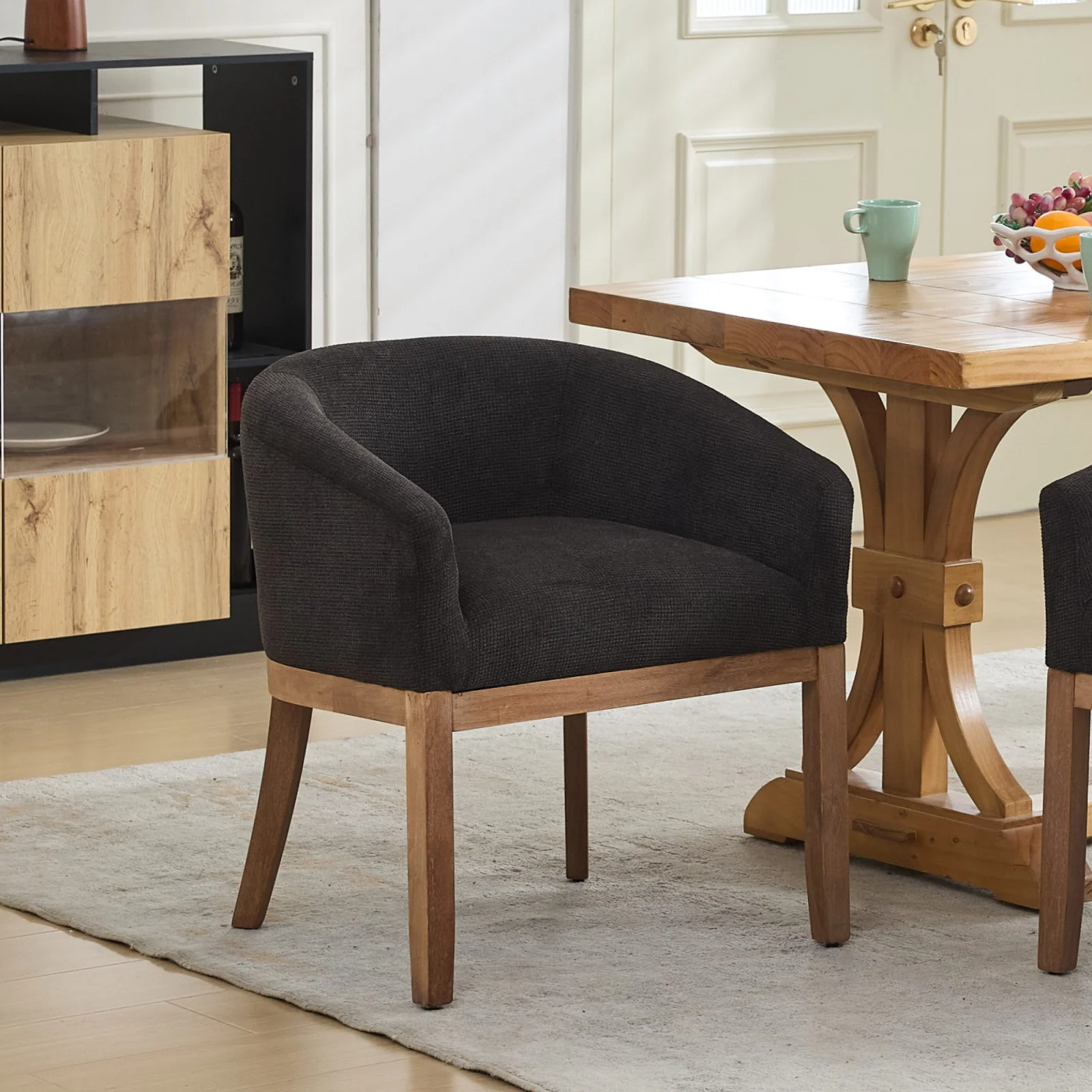 Mid Century Modern Upholstered Barrel Dining Chairs with Arms,farmhouse Linen Kitchen & Dining Room Chairs with Natural Hardwood Frame, 19 W Accent Chairs for Living Room,single Pack,black,sw1891bk