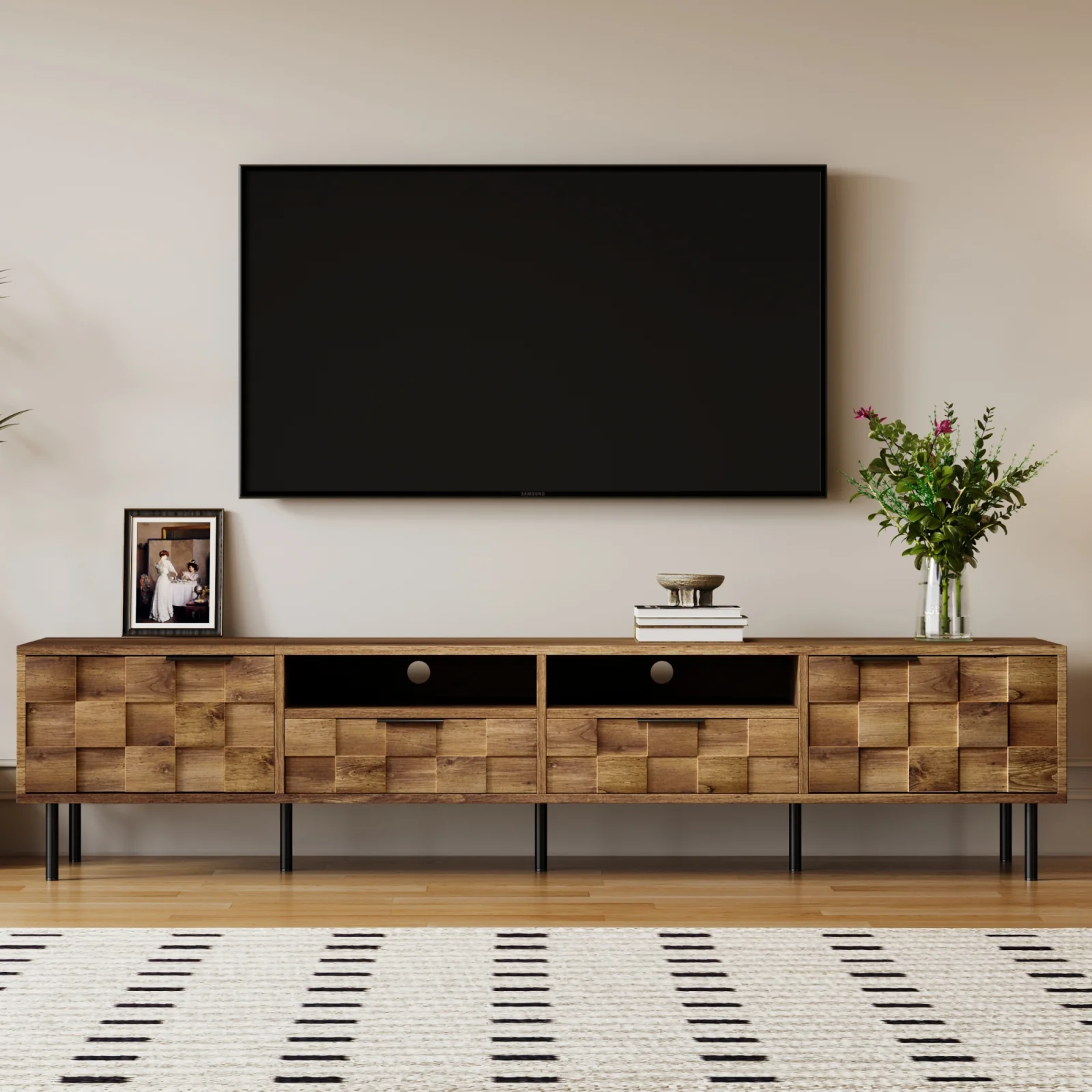 Mid Century Tv Stand with 2 Drawers, Media Console Table for Tvs Up to 85'', Entertainment Center with Storage for Living Room, Bedroom, Home Theatre