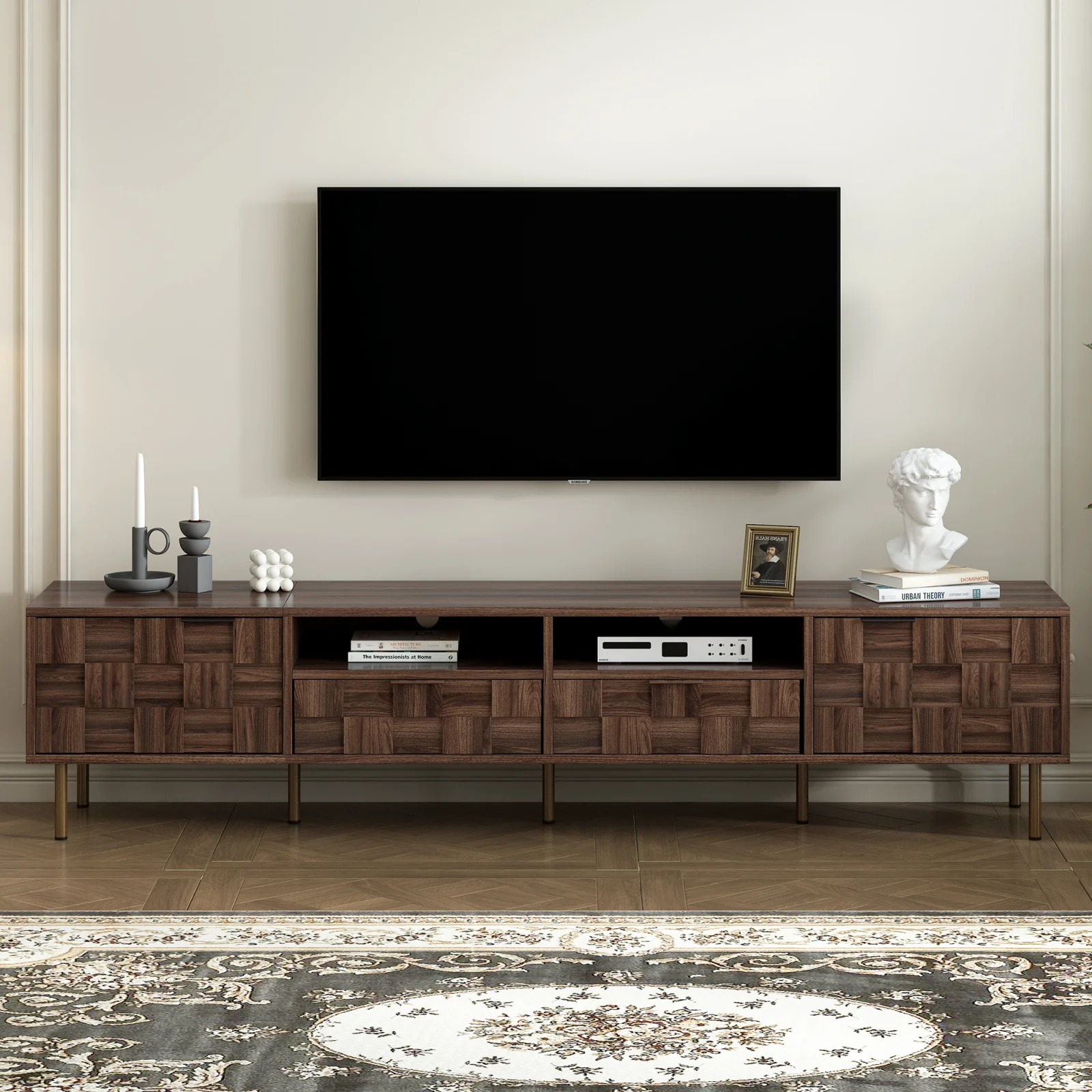 Mid Century Tv Stand with 2 Drawers, Media Console Table for Tvs Up to 85'', Entertainment Center with Storage for Living Room, Bedroom, Home Theatre